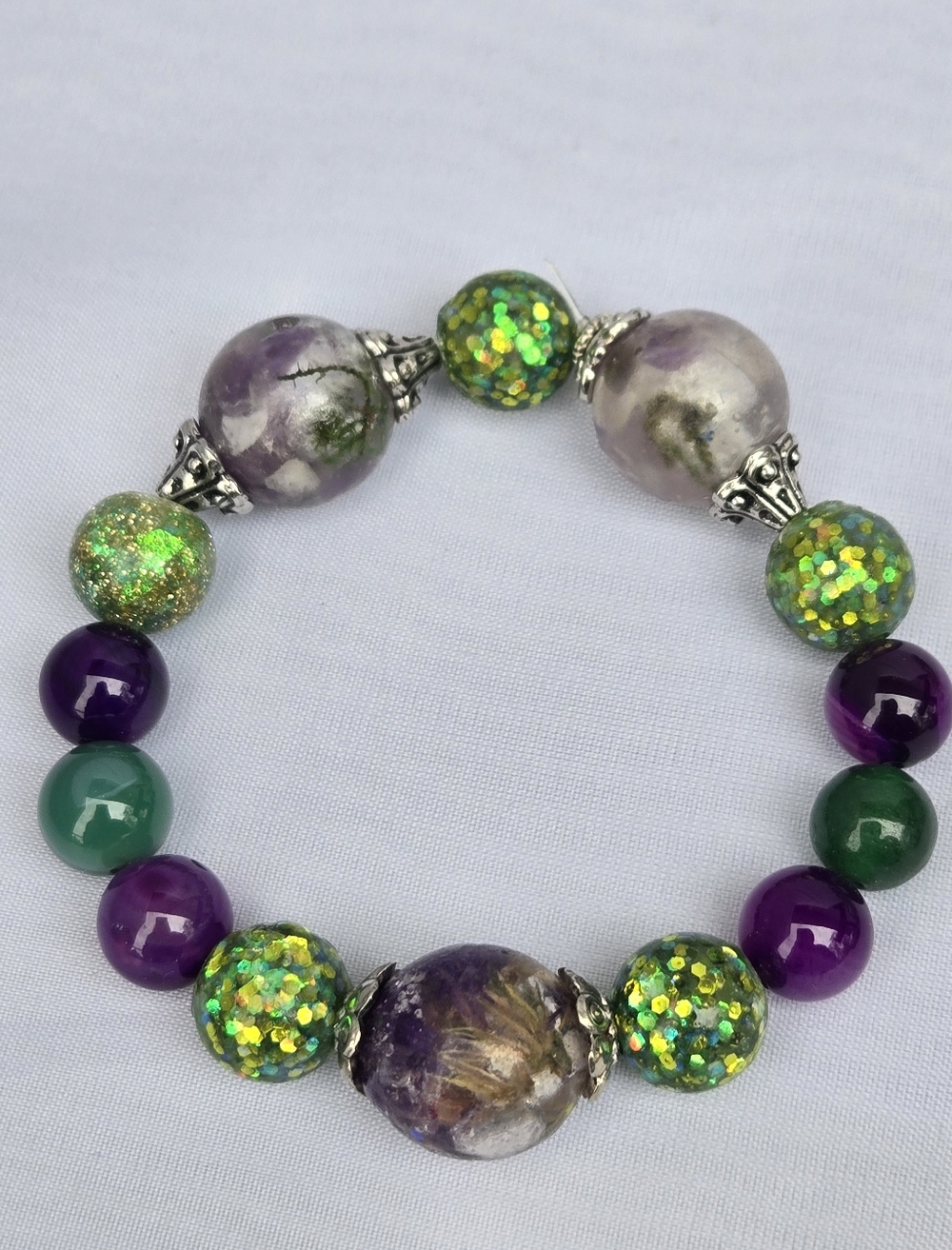 Purple and Green Beaded Stretch Bracelet with Sparkle Accents